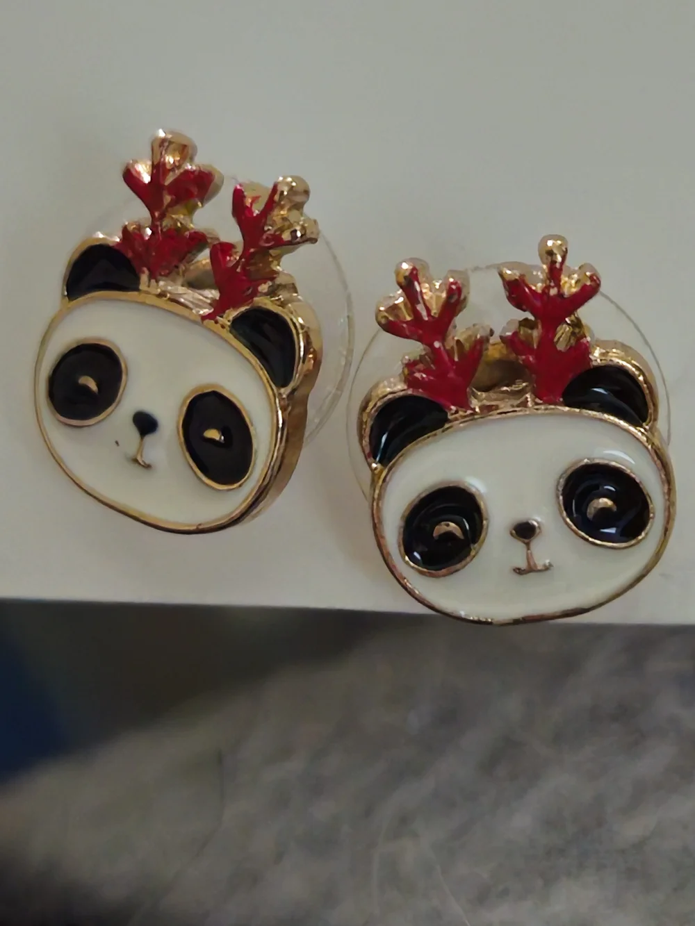 Hand Crafted Red Black White Panda Stud Earrings + Clear Stone Earrings
